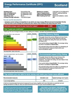 a screenshot of the emergency performance certificate efrov document at Stunning 2 bed flat with parking, and garden with mountain views in Crieff