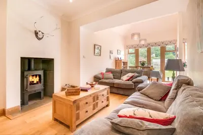 a living room with two couches and a fireplace at Kinnen Cottage in Creetown