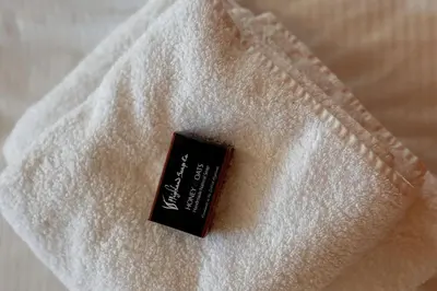 a bar of chocolate sitting on top of a towel at Harebell Cottage in Killean