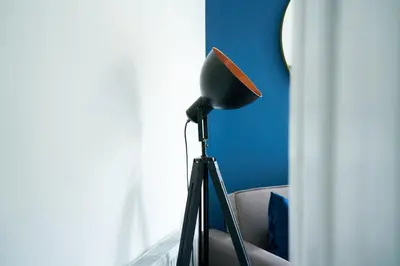 a black lamp sitting next to a window at Meadow Apartment in Dumbarton