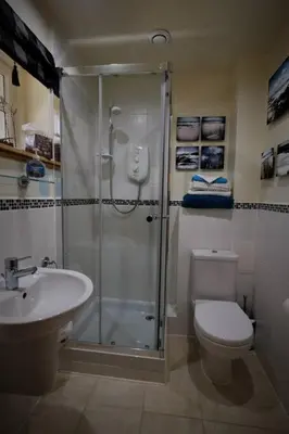 a bathroom with a shower and a toilet and a sink at Loch Lomond Unique Selfcontained bed+bathroom in Alexandria