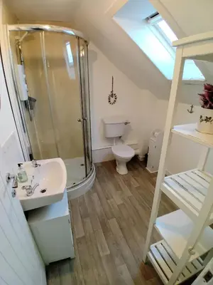 a bathroom with a shower and a sink and a toilet at Killean Farmhouse Cottages in Auchnangoul