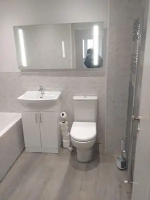 a bathroom with a toilet and a sink and a mirror at J & S Apartments in Ayr
