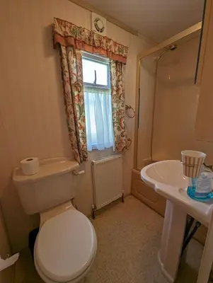 a bathroom with a toilet and a sink and a window at The Lambourne 71 in Dunoon
