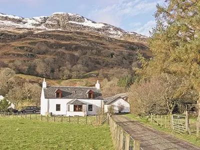 a white house in a field with a mountain at Dalvuie Beag in Connel