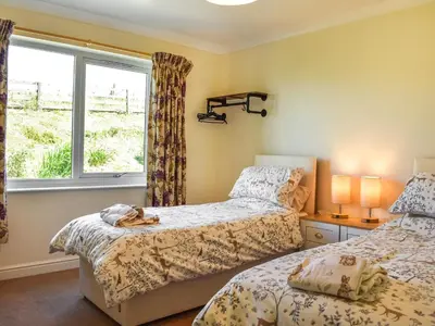 a bedroom with two beds and a window at Little Glengyre Farm in Kirkcolm