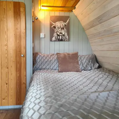 a bed in a room with a picture of a tiger at Devonknowes lodges in Tillicoultry