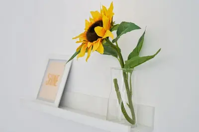a vase with a sunflower sitting on a shelf at Woodside Apartment in Coatbridge