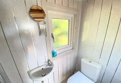 a bathroom with a toilet and a sink and a window at Blair Tiny House with Private Hot Tub - Fife - Loch Leven - Lomond Hills in Dunfermline