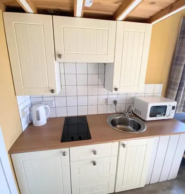 a small kitchen with a sink and a microwave at Blair Tiny House with Private Hot Tub - Fife - Loch Leven - Lomond Hills in Dunfermline