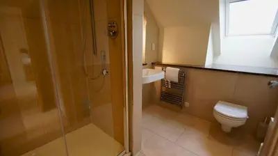 a bathroom with a shower and a toilet and a sink at Fire Station Cottage in Comrie