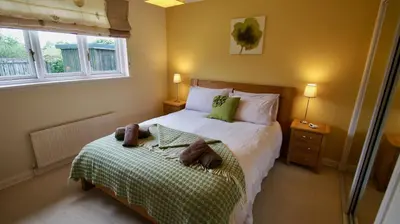 a bedroom with a bed and two windows at Tomanour in Comrie