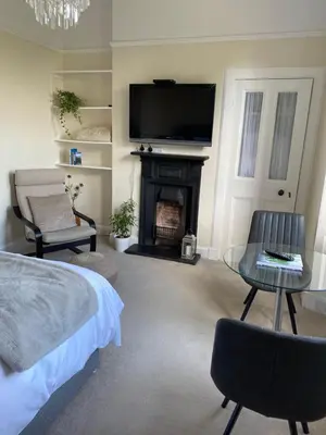 a living room with a fireplace and a tv at Tranquil Haven Murrayfield in Edinburgh