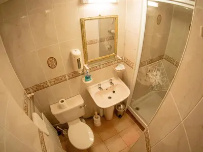 a bathroom with a toilet and a sink and a shower at Corstorphine Lodge Hotel in Edinburgh