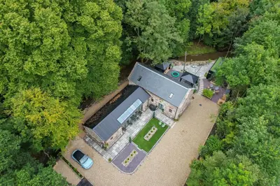 an overhead view of a house with a swimming pool at The Ultimate Luss Retreat in Luss