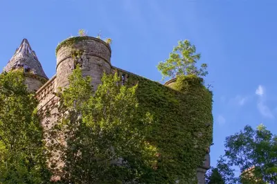 an ivy covered building with trees in the foreground at Luxury Guest House Getaway for 2 in Drymen