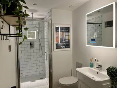a bathroom with a shower and a toilet and a sink at Peterswell Holiday Cottage in Houston