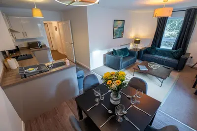 an overhead view of a living room and a dining room at Tobermory Apartment in Oban