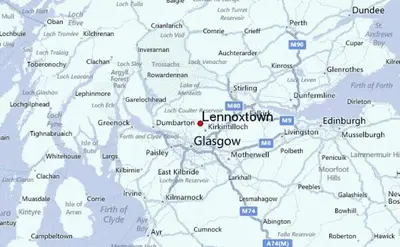 a map of gurgaon with a red dot at Dingieshowe Cottage in Lennoxtown
