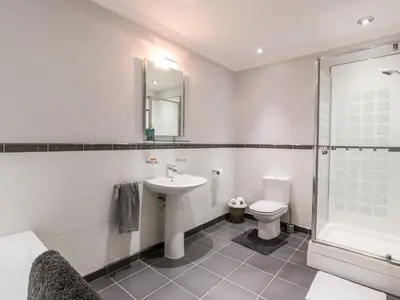 a bathroom with a sink and a toilet and a shower at Shieldhill Farm House in Falkirk