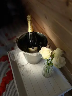 a bottle of champagne sitting on a table with roses at Loch View Luxury Pod in Connel