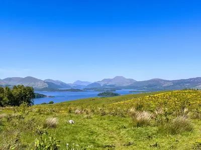 a field of grass with a view of a lake at Stable Cottage, Gartocharn, Loch Lomond in Alexandria