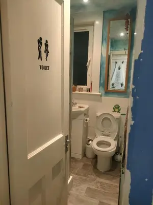 a white bathroom with a toilet and a sink at Forth Road Bridge Views in Queensferry