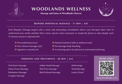 a flyer for woodlands wellness with a menu and wording cancellation where your therapist takes at Forest Corner Luxury Apartment with Hot Tub in North Ballachulish