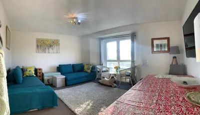 a living room with a blue couch and a window at Facing Glasgow Green spacious Apartment Free parking in Glasgow