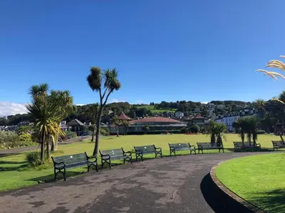 a row of benches in a park with palm trees at Argyle House in Rothesay