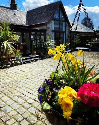 a basket of flowers in front of a building at Sheildaig Farm in Balloch