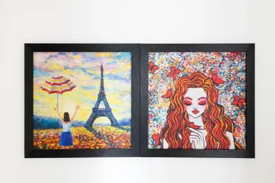 two paintings of a woman and the eiffel tower at Bright High-Ceiling 2BD Flat - Central Edinburgh! in Edinburgh