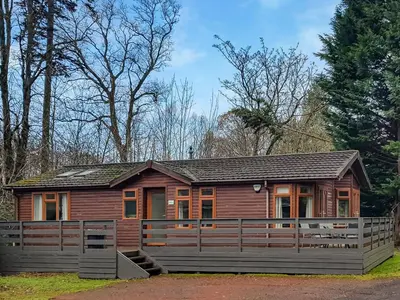 a log cabin with a fence in front of it at Kingfisher Lodge - Uk46046 in Balloch
