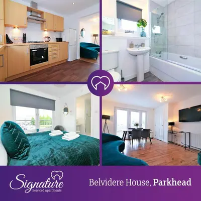 a collage of three pictures of a kitchen and a bedroom at Signature - Belvidere House in Glasgow