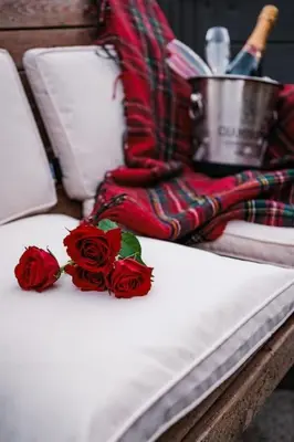 two red roses sitting on top of a bed at The Old School House, luxury home with hot tub. in Minnigaff