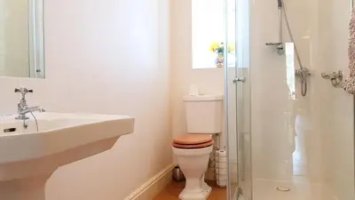 a bathroom with a toilet and a sink and a shower at Spacious 2-Bedroom Georgian Edinburgh City Apartment in Edinburgh