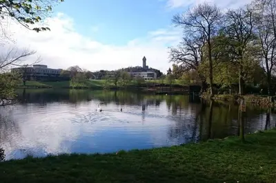 a lake with ducks swimming in the water at City Hub by the Castle Free Designated Parking in Stirling