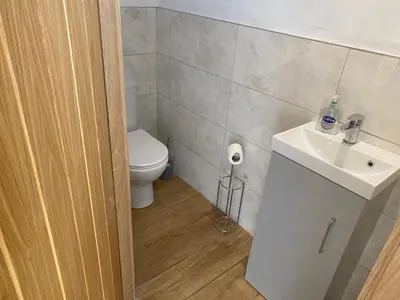 a bathroom with a toilet and a sink at The Annex at Meeks Park immaculate 2 bed in Alloa