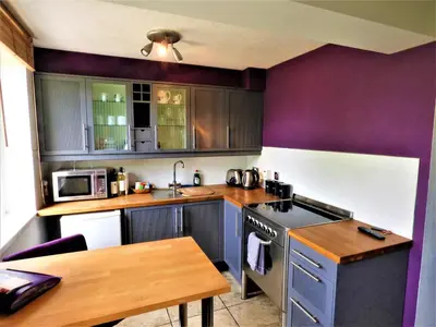 a kitchen with purple walls and a wooden table at Grassmarket Studio in Edinburgh