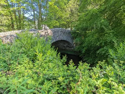 a stone bridge over a river in a forest at The Ardennes 66 in Dunoon