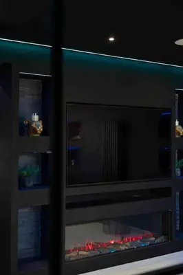 a glass window of a refrigerator with red lights in it at Luxury Couples Get-Away Glasgow in Knightswood