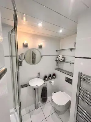 a bathroom with a toilet and a sink and a mirror at Gleneagles Apartment in Auchterarder