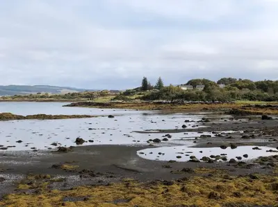 a beach with a body of water with a house in the background at Argyll House Pennyghael in Salen