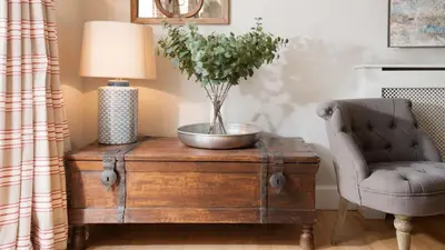 a plant on a wooden chest next to a chair at The Coach House, Pentland Hills in Nine Mile Burn