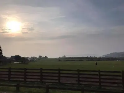 a fence in a field with a horse in the distance at Kingarth Hotel in Kilchattan