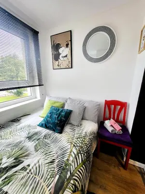 a bedroom with a bed and a mirror and a chair at Mini hotel with home facilities in Hamilton West in High Blantyre
