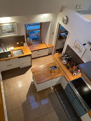 an overhead view of a kitchen with a counter top at Tigh na Breac - Great Outdoor Activity Location Oban in Bonawe