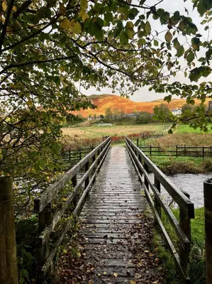 a wooden bridge over a river in a field at 1 The Cairn Kilmartin - Beautiful Victorian Flat, Pet Friendly in Kilmartin