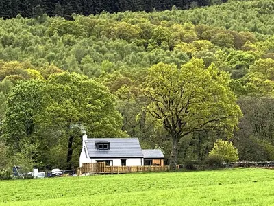 a white house in a field with a tree at Clarinnes Cottage in Luss