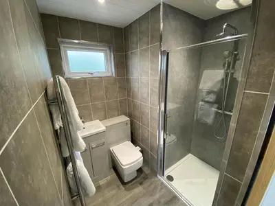 a bathroom with a toilet and a glass shower at Laigh Letterpin Lodge in Girvan